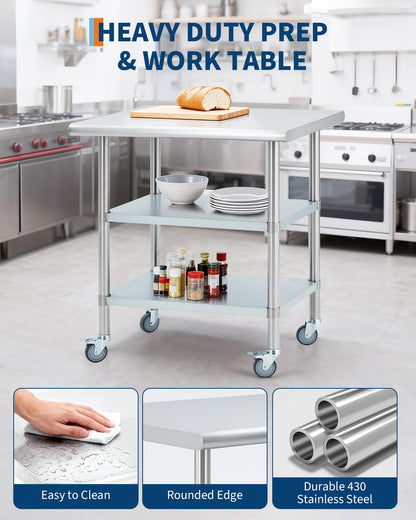 Garvee Stainless Steel Table for Prep & Work, 24x30x34 Inch Commercial Kitchen Worktable with 4 Caster Wheels & 2 Adjustable Under Shelf, Heavy Duty Metal Food Prep Table for Restaurant Garage Outdoor