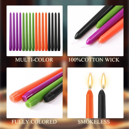 MTLEE 16 Pcs 10 Inch Long Tapered Candle Stick Bulk Smokeless Unscented Burning Candlestick Paraffin Wax with Cotton Wick for Valentine's Day Baby Shower Wedding Holiday Party Church (Spooky Color)