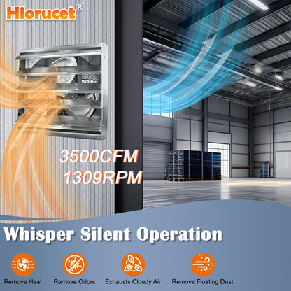 Hiorucet 20 Inch Shutter Exhaust Fan Wall Mounted, 3500CFM High Speed Low Noise Aluminum Louvered Exhaust Fan with 1.8m Power Cord for Greenhouse, Garage, Shop, Attics, Chicken Coop Ventilation Fan.