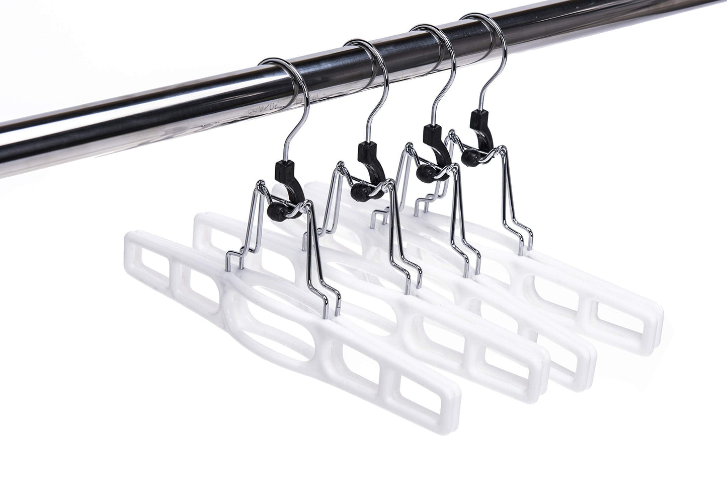 Quality Hangers 10 Pack Premium Skirt Hangers - Thin Space Saving Pant Hangers Set with Clamp, Shorts Hangers with Heavy Duty Locking Clasp, Multipurpose Jean Hangers Set - White