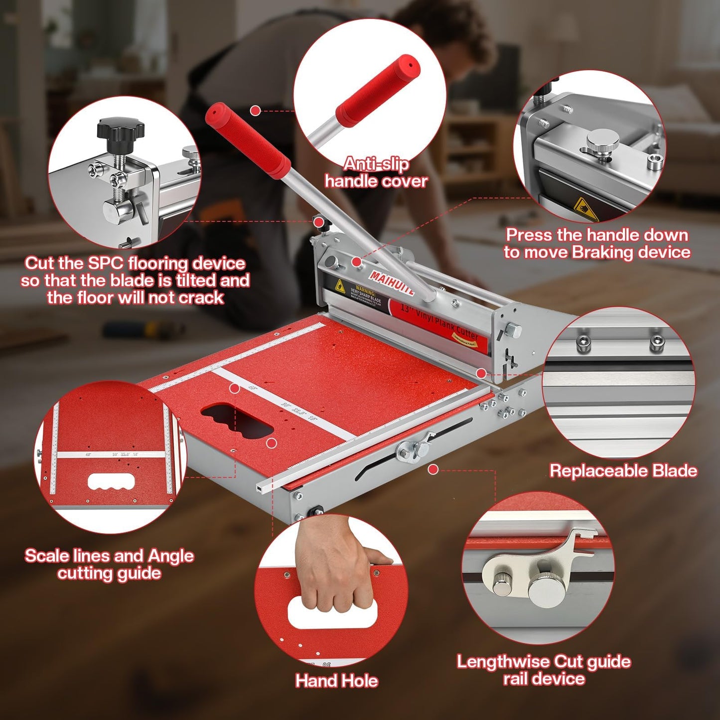 MAIHUITE 10mm Thick Floor Cutter with Extra Blade - 13" Pro Vinyl Floor Cutter for Pro SPC, LVP, LVT, WPC, RVP, VCT, PVC, Rigid Core Vinyl Flooring - Straight cut, Angle cut, " L & U" cut