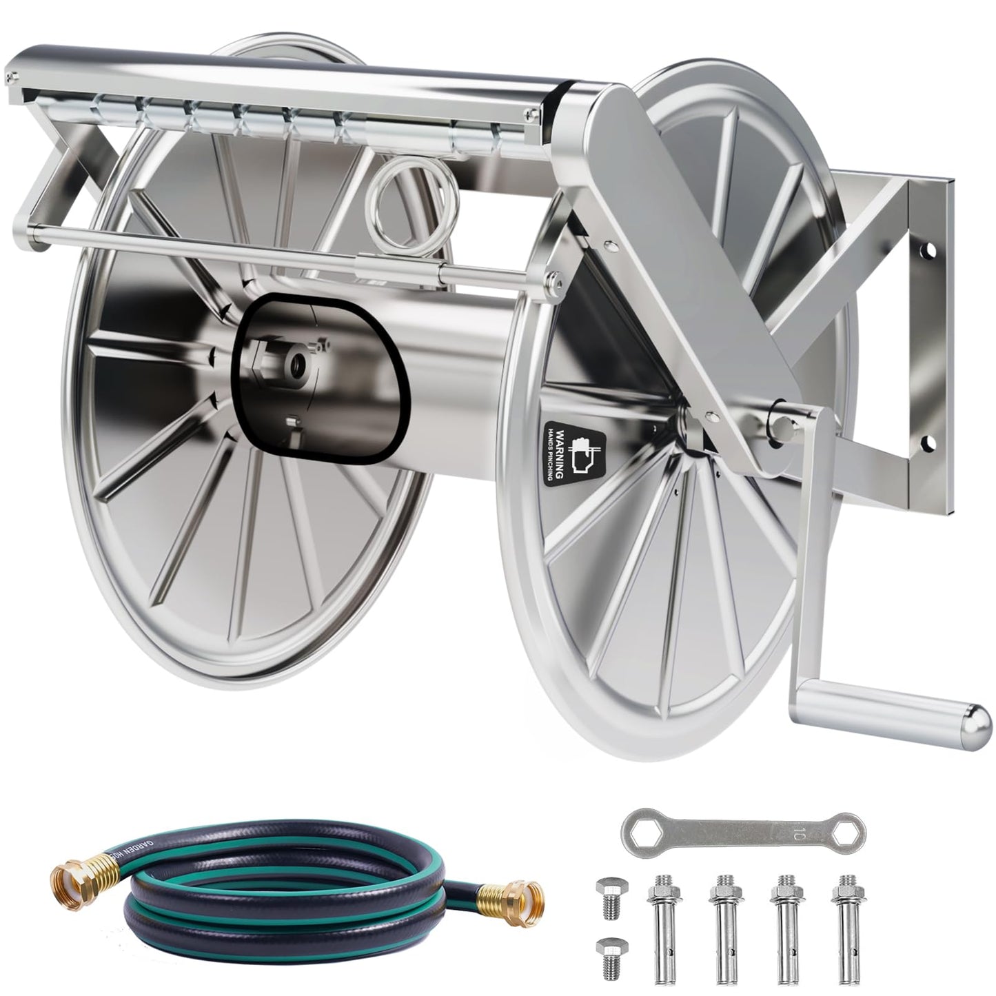 Stainless Steel Garden Hose Reel Heavy Duty, Wall Mount Water Hose Holder, 150 Feet of 5/8 Inch Hoses Capacity, Hose Reels with 5 ft Inlet Hose for Outside, Lawn, Yard, Garage
