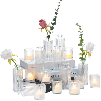 Yerliker 12 Glass Bud Vases Set Bulk Clear Ribbed Vases and 12 Clear Glass Tea Light Candle Holders Suitable for Table Centerpieces, Parties, Home Decor, Wedding Table Centerpiece, Home Decor