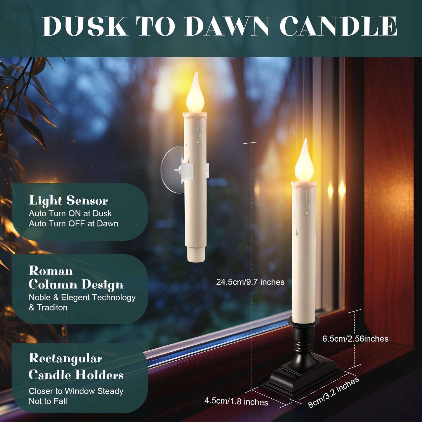 Enhon 12 Pack Battery Operated LED Window Candles, Dusk to Dawn Light Sensor, with Black Holders and Suction Cups, Ivory Christmas Window Candles, Amber Flicker Flame (Batteries AA Included)