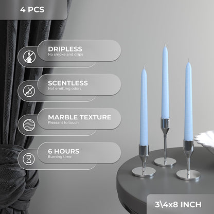 CANDWAX 8 inch Light Blue Taper Candles Set of 4 - Unscented Smokeless Dripless Tapers for Dinner Table, Home Decor, Easter Decor, Party, Wedding and Ordinary Dinners - Spring Candles
