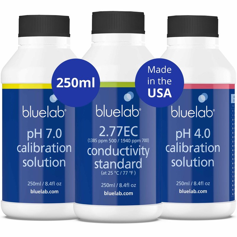 BlueLab 2.77EC Conductivity Solution, PH 7.0, and PH 4.0 Calibration Solution Set 250 Milliliters
