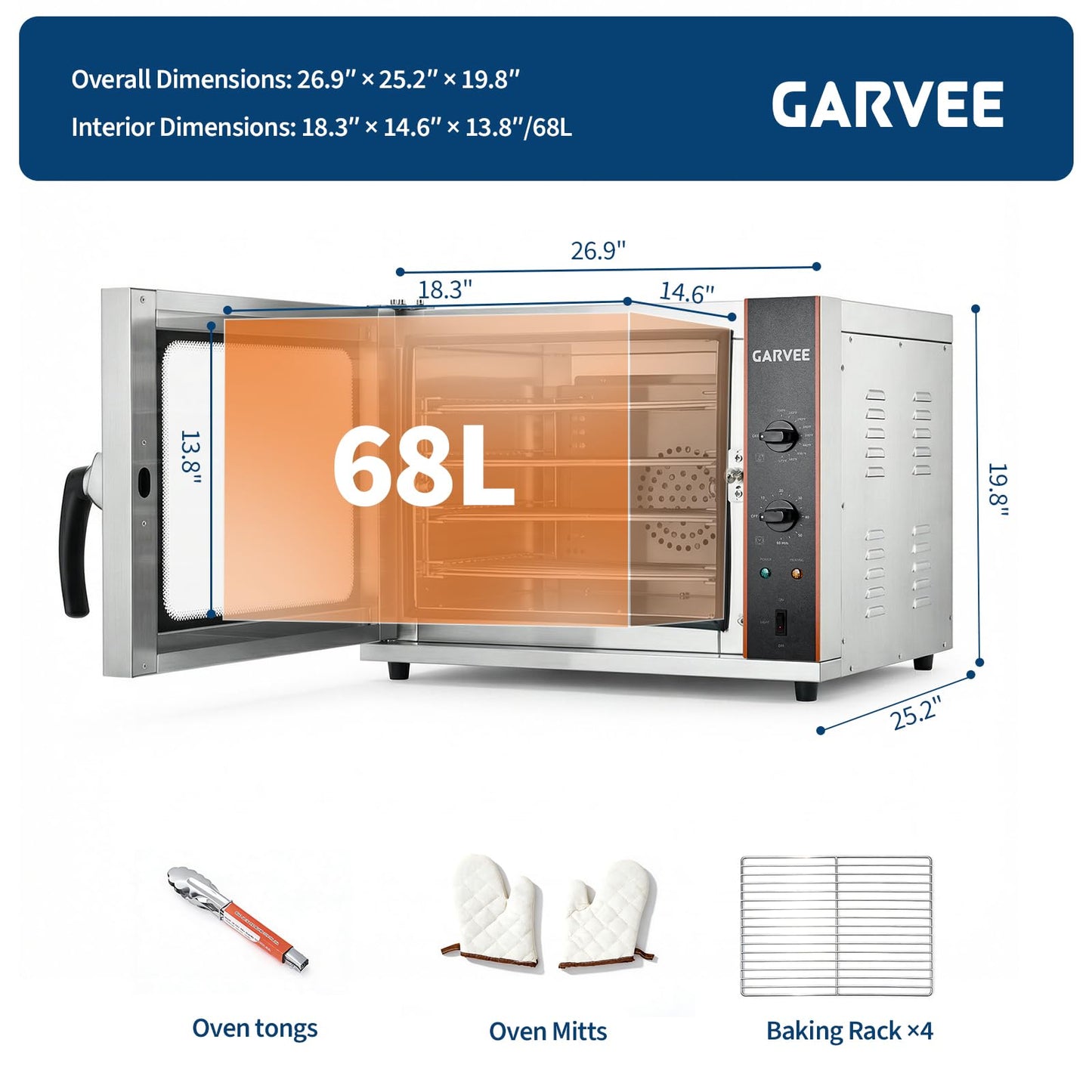 Commercial Countertop Convection Oven, 68L /60Qt 4-Tier Toaster Air Fryer, Stainless Steel Baking Roaster with Front Glass Door, 1440W, 30°c-300°c, Trays, Wire Racks, US Plug, 1.5m Cord, YS-CCO-120