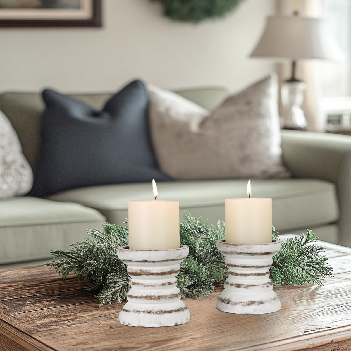 Candle Holder for Pillar Candle Set of 2, Farmhouse Wood Candle Holder, Rustic Wooden Candle Stand, Vintage Small Wooden Candlestick Holders for Living Room, Table Centerpiece, Rustic White