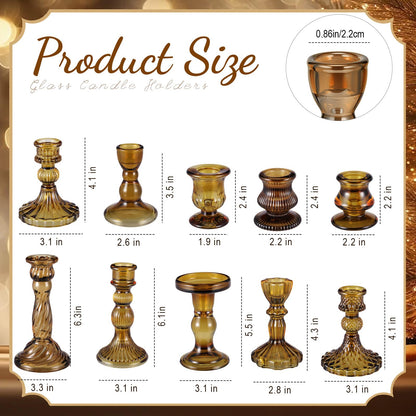 Mumufy 10 Pcs Glass Crystal Taper Candle Holders Clear Glass Candlestick Holder Fit 0.8 Inch Candles Crystal Decorative Candle Stand Centerpiece Table Wedding Dining Party (Classic,Brown)