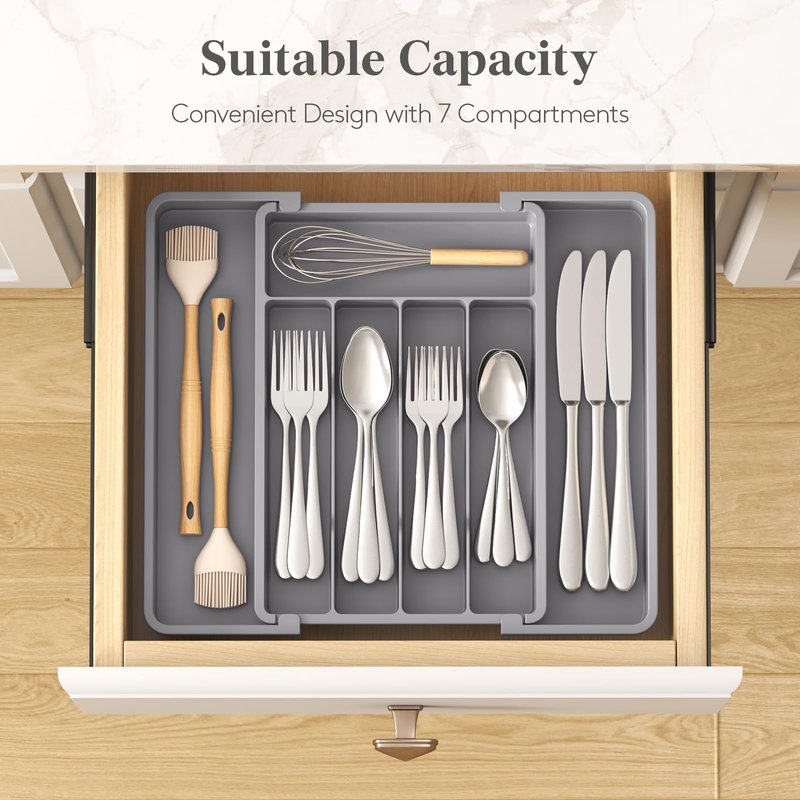 Lifewit Silverware Drawer Organizer, Expandable Utensil Tray for Kitchen, BPA Free Flatware and Cutlery Holder, Adjustable Plastic Storage for Spoons Forks Knives, 8.5-14 x 12", Gray