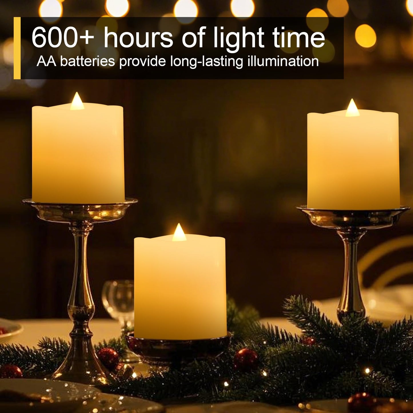 3x3 Flickering Flameless Candles Set of 3, 2AA Battery Life 600 Hours Battery Candles Flickering with Timer,3 inch Flameless Candles with Remote for Indoor/Outdoor, Ivory
