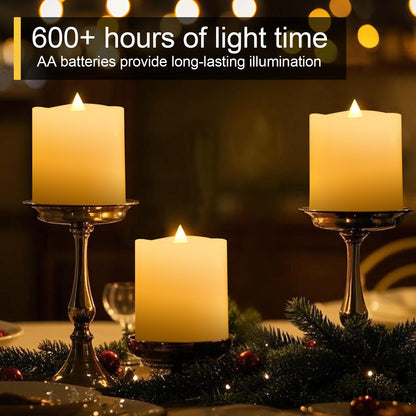 3x3 Flickering Flameless Candles Set of 3, 2AA Battery Life 600 Hours Battery Candles Flickering with Timer,3 inch Flameless Candles with Remote for Indoor/Outdoor, Ivory