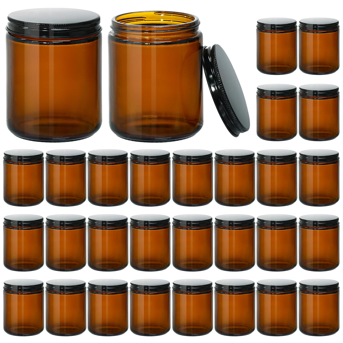 KEYWING 8 oz Candle Jars with Lids, 30 Pack Amber Glass Jars with Black Metal Lids, Round Candle Containers, Empty Jar for Making Candles, Powder, Liquid, Cream