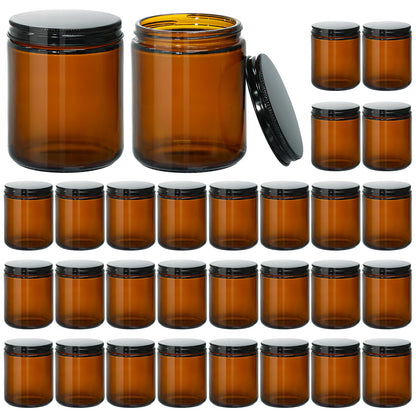 KEYWING 8 oz Candle Jars with Lids, 30 Pack Amber Glass Jars with Black Metal Lids, Round Candle Containers, Empty Jar for Making Candles, Powder, Liquid, Cream
