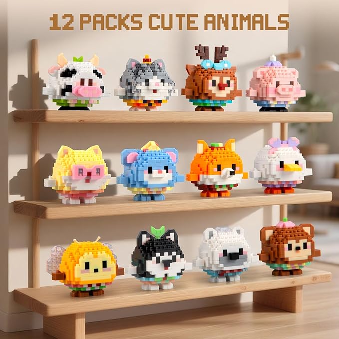HIGH GODO 12Pack Mirco Mini Animals Easter Party Favors Building Set 2438PCS Cute Animals Set for Goodie Bag Stuffers Birthday Gifts for Adult Teens 14+ (Not Compatible with Major Brand)