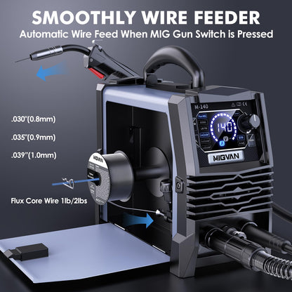 140A MIG Welder, MIGVAN 110V Flux Core MIG/Stick/Lift TIG 3 in 1 Welding Machine with Large LED Digital Display, IGBT Inverter Portable Gasless Welder with Welding Gun and Flux Core Wire