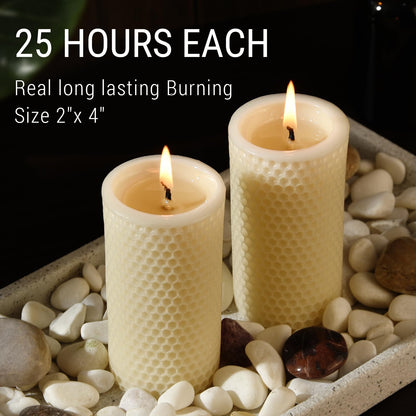 Pure Natural Beeswax Pillar Candles - Pack of 3 - Honeycomb Surface, No Scent- for Emergency/Prayer/Relax (2inch Diameter, 4 inch Tall - Off White)