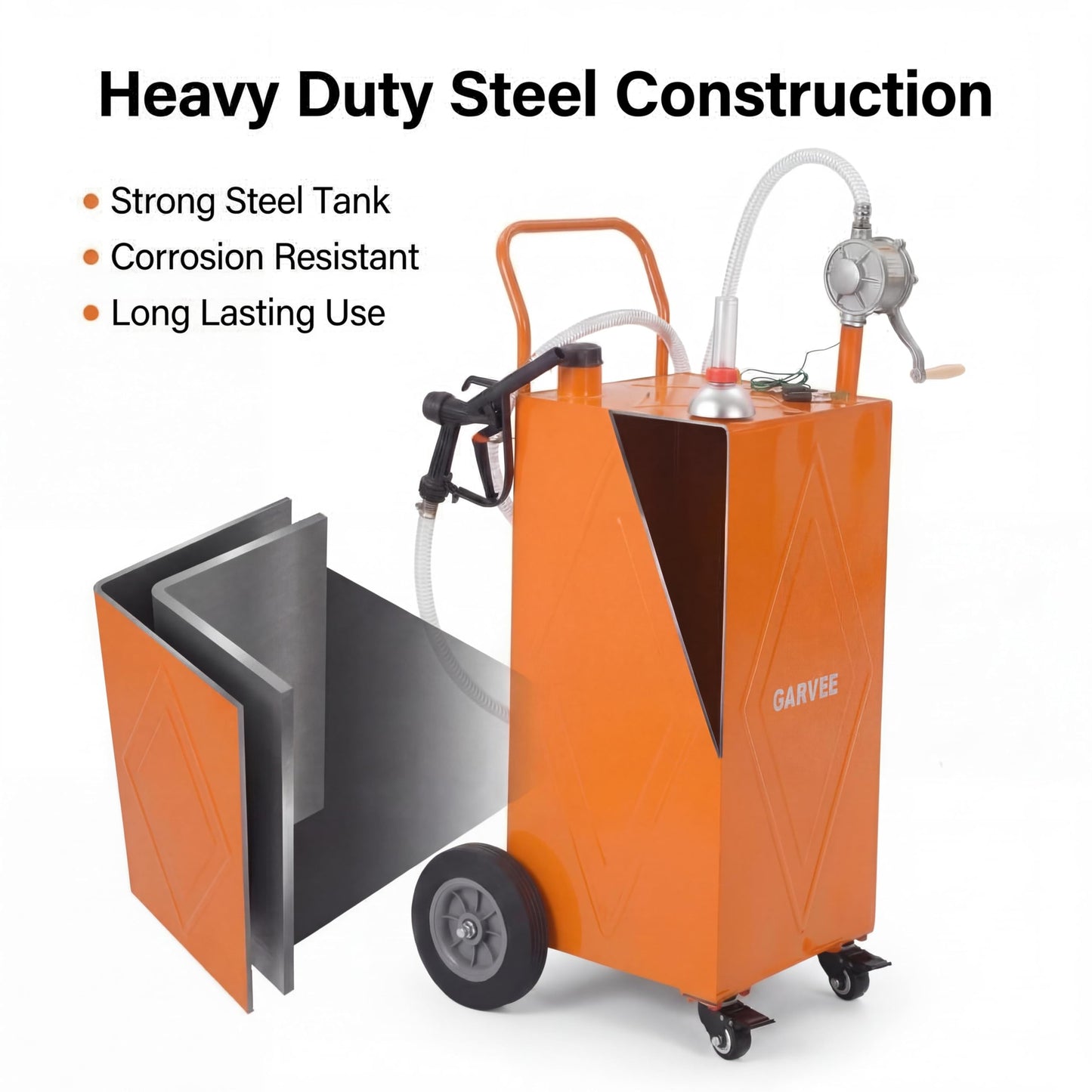 Garvee 35 Gallon Portable Fuel Caddy with Manual Rotary Pump, Heavy-Duty Steel Transfer Tank on 4 All-Terrain Wheels, Mobile Gas & Diesel Storage Container for Trucks, Boats, ATV, Lawn Mower - Orange