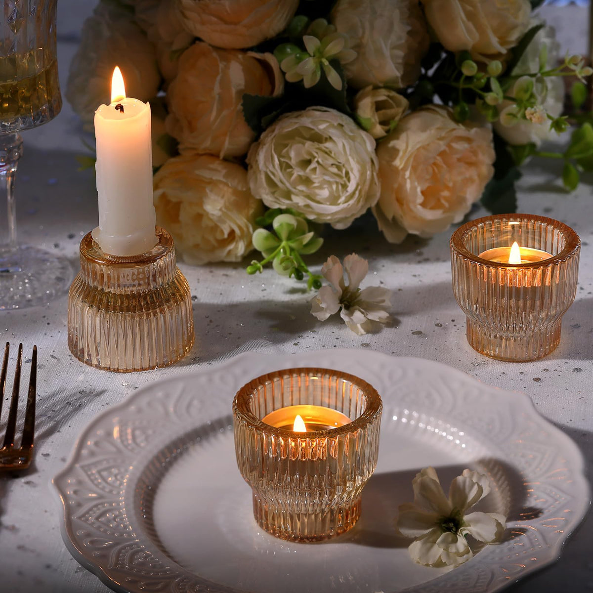 HAVITI 12 Pack Gold Taper Candle Holders, Glass Candlestick Holders, Tea Light Candle Holder for Fall Wedding Centerpieces Table Decorations, Votive Candle Holders for Table Decor