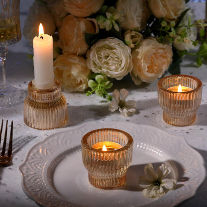 HAVITI 12 Pack Gold Taper Candle Holders, Glass Candlestick Holders, Tea Light Candle Holder for Fall Wedding Centerpieces Table Decorations, Votive Candle Holders for Table Decor