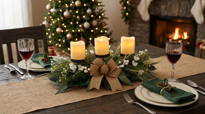 Svndlyn Candle Holders Centerpiece for Dining Table, 3 Wick Holder with Artificial Gypsophila,Magnolia,Holly Berries - Elegant Floral Arrangement for Seasonal Home Decor Table Centerpiece