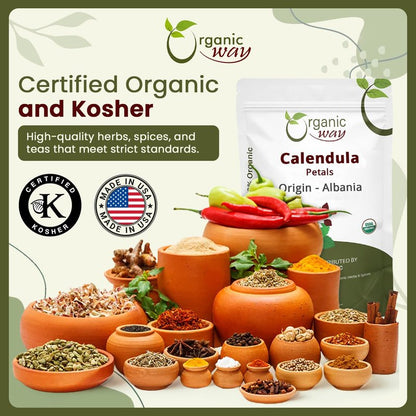 Organic Way Dried Calendula Flower Petals | Herbal Tea (Calendula officinalis) - European Wild-Harvest | Organic & Kosher Certified | Non GMO & Gluten Free | USDA Certified - Origin - Albania (2Oz)