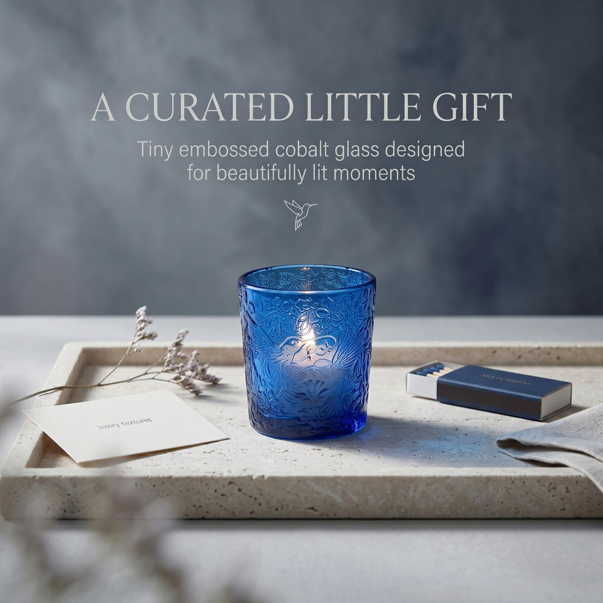 12 Pack Hummingbird Embossed Glass Candle Holders – Votive Tealight Holders with Patent Design, Decorative Embossed Glass Cups for Wedding Centerpieces, Parties, and Home Décor (Ocean Blue)