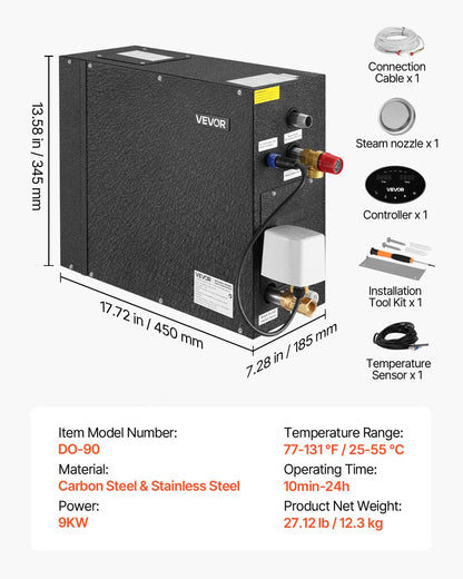 VEVOR Steam Generator, 9 kW Steam Shower System with Controller for Home Sauna & Spa, Commercial Auto Drain Kit with Overheat, Dry-Run & Overpressure Protection, 10min to 24h Timer, Black