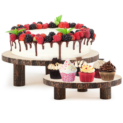 Roowest 2 Sets Wood Cake Stand, 9'' and 10'' Rustic Wooden Slice Boards Round Cake Holder for Party Wedding Birthday Event Farmhouse Dining Room Table Decor Centerpieces Home Decorations