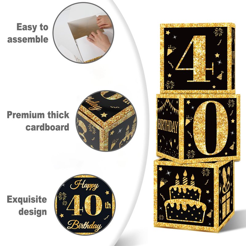 40th Birthday Decorations Boxes for Men- 3PCS Black Gold Happy 40th Birthday Balloons Boxes, 40 Year Old Party Supplies for Men Women