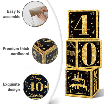 40th Birthday Decorations Boxes for Men- 3PCS Black Gold Happy 40th Birthday Balloons Boxes, 40 Year Old Party Supplies for Men Women
