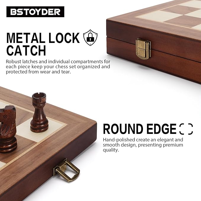 2 in 1 Magnetic Chess Set &amp Checkers Board Game 15 Wooden Folding Chess Board with 2 Extra Queens Portable Travel Chess Set with Pieces Storage Slots Beginner Chess Board Game for Adults &amp