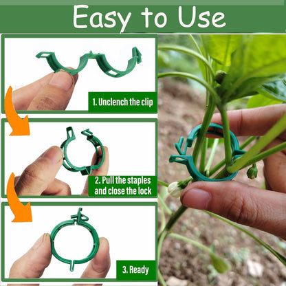 Skiennix Plant Support Clips - 100pcs Tomato & Grape Vine Clips for Garden Trellis | Green Plastic Fixing Clips