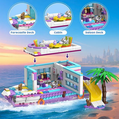 HOGOKIDS 3-in-1 Friends Airplane Building Toy Set - 808PCS Plane/Boat/Camper Van Building Toys with Cute 6 Mini Animals Slide Fun Accessories and Stickers Birthday Gifts for Girls Boys Age 8-12+