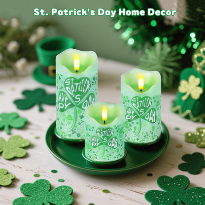 Flameless Candles Lights, Set of 3 Flickering St. Patrick's Day Pillar Candles with Remote & Timer, Dimmable Real Wax Shamrock LED Candles Battery Operated for Home St. Patrick's Day Decor (Clover)