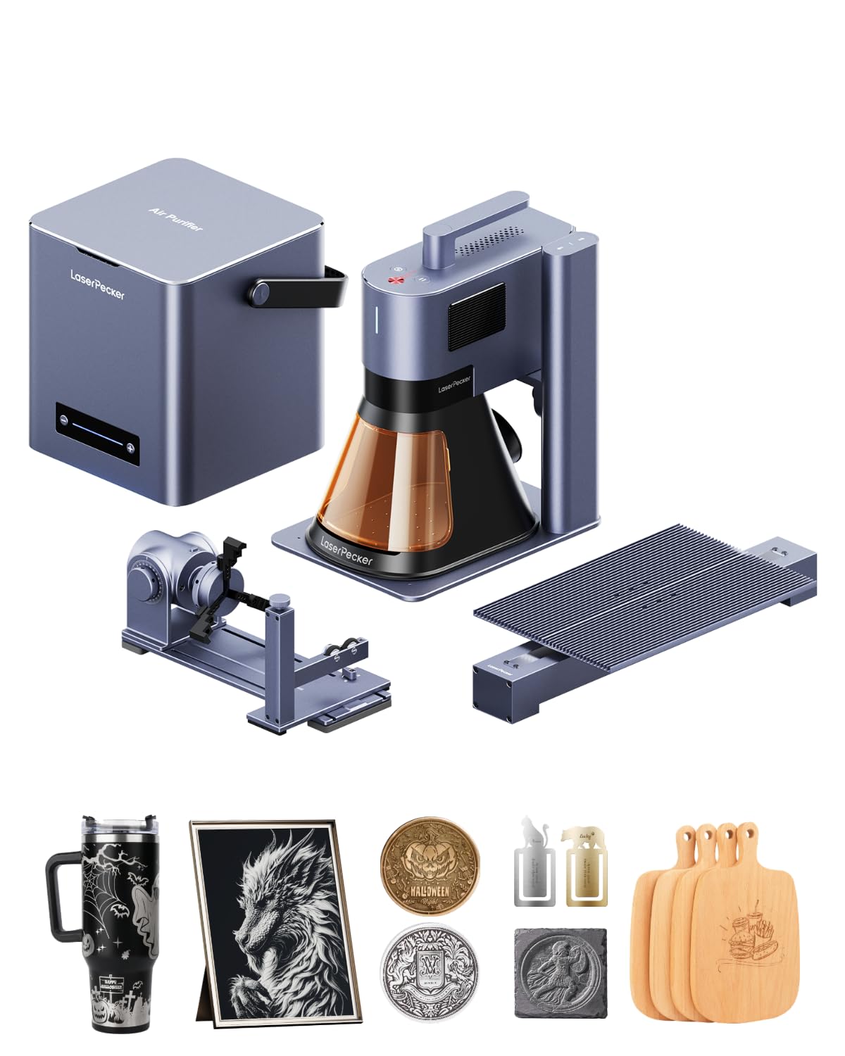 LaserPecker LP5 20W Dual-Laser Engraver & Cutter, 10,000mm/s Speed for Metal/Wood/Glass, 0.0027mm Precision with Air Purifier & Rotary/Slide Extensions, Ultimate Business Bundle for Retail/Maker Space