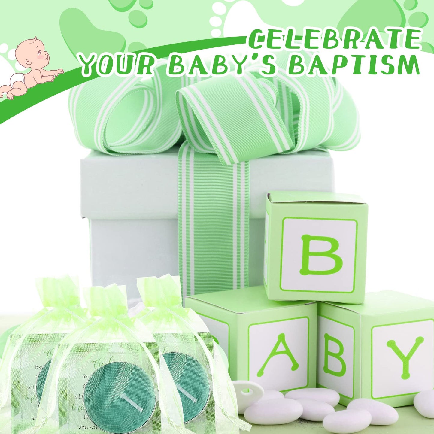 50 Sets Baby Shower Party Favors Including 50 Pcs Unscented Tealight Baby Shower Candles Gift Bags Cards for Gender Reveal Party Supplies(Green)