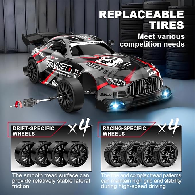 1:24 Scale RC Drift Car 4WD 2.4GHz High Speed Racing Sport Toy Car with LED Lights Racing and Drift Wheels (E81-Black)