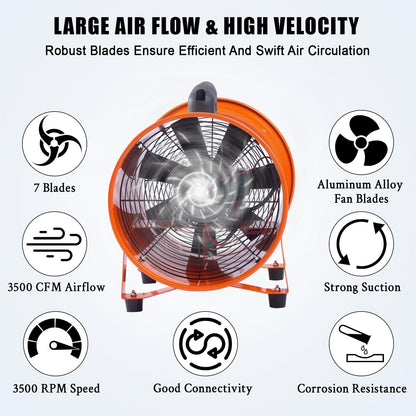 BouPower 12 Inches 3500 CFM Utility Blower Exhaust Fan with 16.4 FT Duct, 3500 r/min Heavy Duty Blower Fan, High Velocity Low Noise Extraction for Ventilating Workshops, Confined Space, Orange
