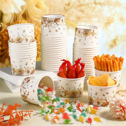 Funnymoom 50 Pack Fall Floral Treat Snack Cups Autumn Flowers Paper Ice Cream Cups 9 oz Watercolor Flower Disposable Dessert Bowls for Hot or Cold Food Fall Wedding Baby Shower Birthday Party Supplies