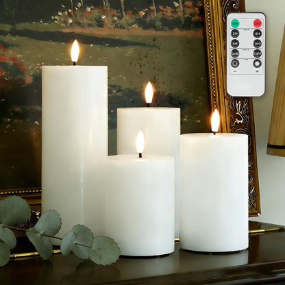 JOIONE Battery Operated Candles with Remote, LED Flameless Real Wax Pillar Candles Set of 4, Timer Function, Safe Home Décor for Living Room, Bedroom, and Dining Table, White