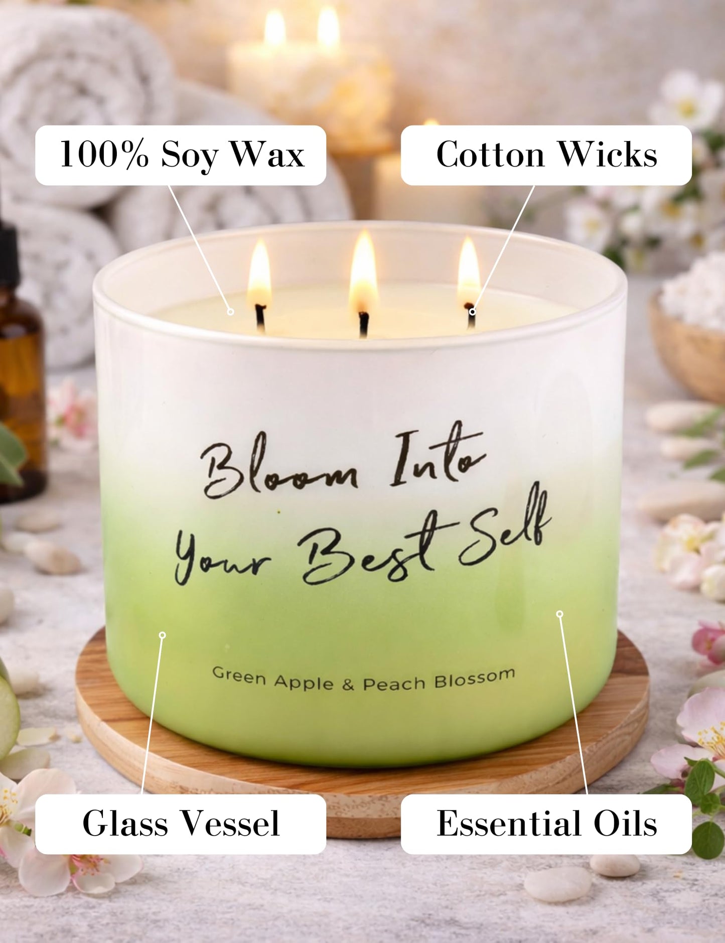Green Apple Peach Blossom Scented Soy Candle - Large 3-Wick Aromatherapy Candle for Home, 15.8oz - Fresh Fruity Scent - “Bloom Into Your Best Self” Quote - Inspirational Home Decor Gift