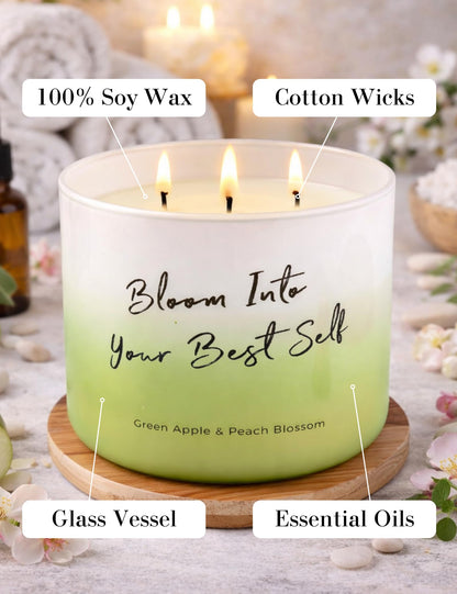 Green Apple Peach Blossom Scented Soy Candle - Large 3-Wick Aromatherapy Candle for Home, 15.8oz - Fresh Fruity Scent - “Bloom Into Your Best Self” Quote - Inspirational Home Decor Gift