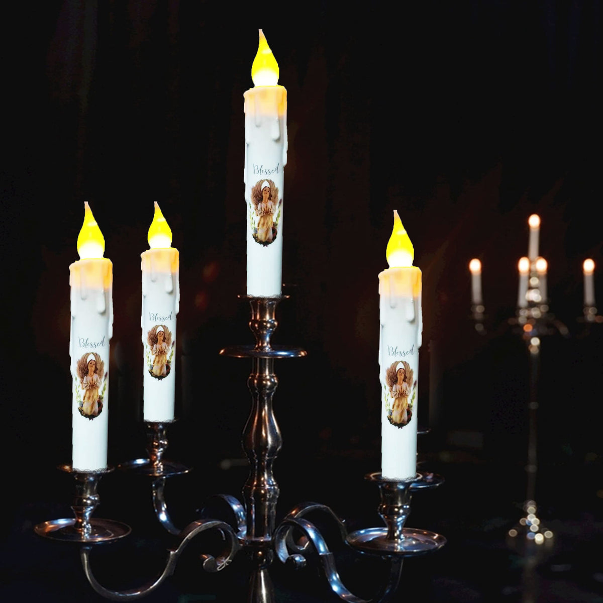 TAIANLE.Battery Operated Taper Candles with Timer, 6.75 Inch Set of 4 Primitive Flameless Taper Candles Flickeirng Flame,Angel Blessed Decor Halloween Wedding Christmas Window Decor