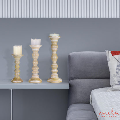 “Willow” Candle Holders for Pillar Candles (Whitewash, Set of 3) - Mangowood Candle Stand - Farmhouse Wooden Candle Holders Pillar -Candle Holder Decor for Fireplace or Table Centerpiece -9”, 12”, 15”