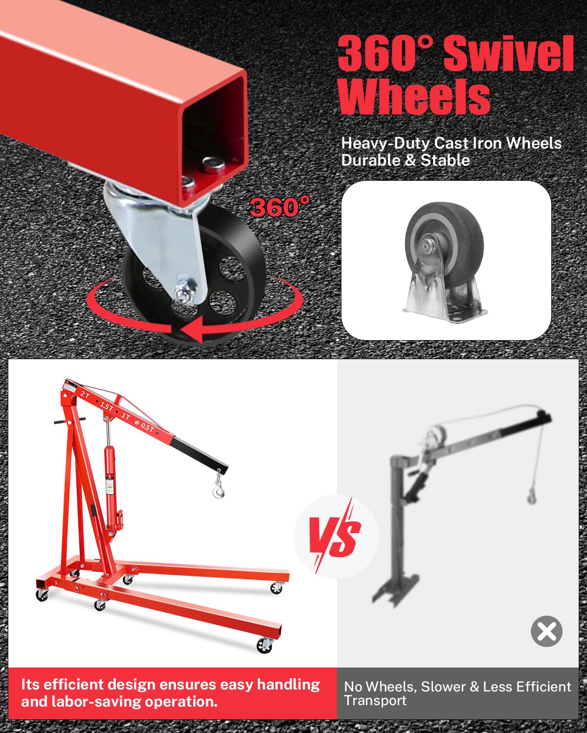 2-Ton Shop Crane, Hydraulic Folding Engine Hoist w/6 Steel Casters - Lift Car Transmissions, Boat Motors, Farm Equipment (Net Wt. 157 lbs)