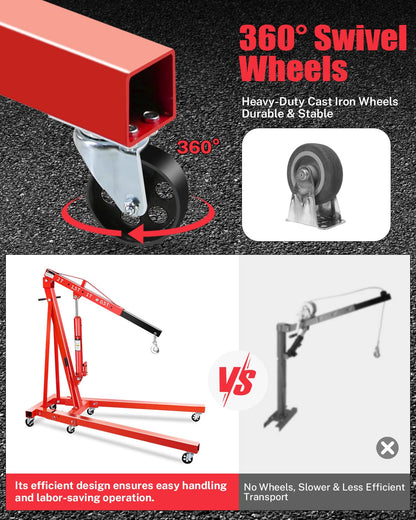 2-Ton Shop Crane, Hydraulic Folding Engine Hoist w/6 Steel Casters - Lift Car Transmissions, Boat Motors, Farm Equipment (Net Wt. 157 lbs)