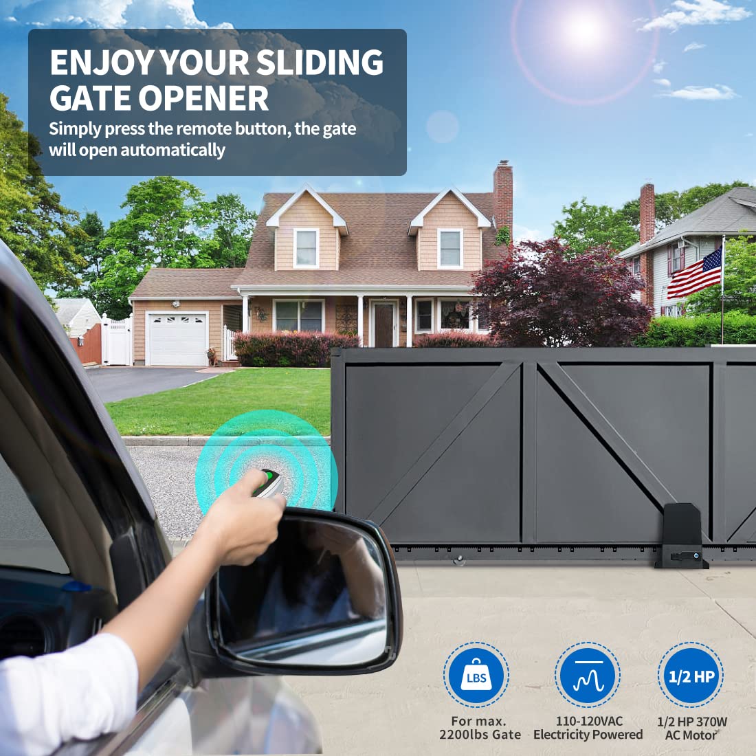 TOPENS RK990T Automatic Sliding Gate Opener Rack Drive Electric Gate Motor for Heavy Driveway Slide Gates Up to 2200 Pounds, Security Gate Operator AC Powered with Nylon Gear Rack and Remote Control