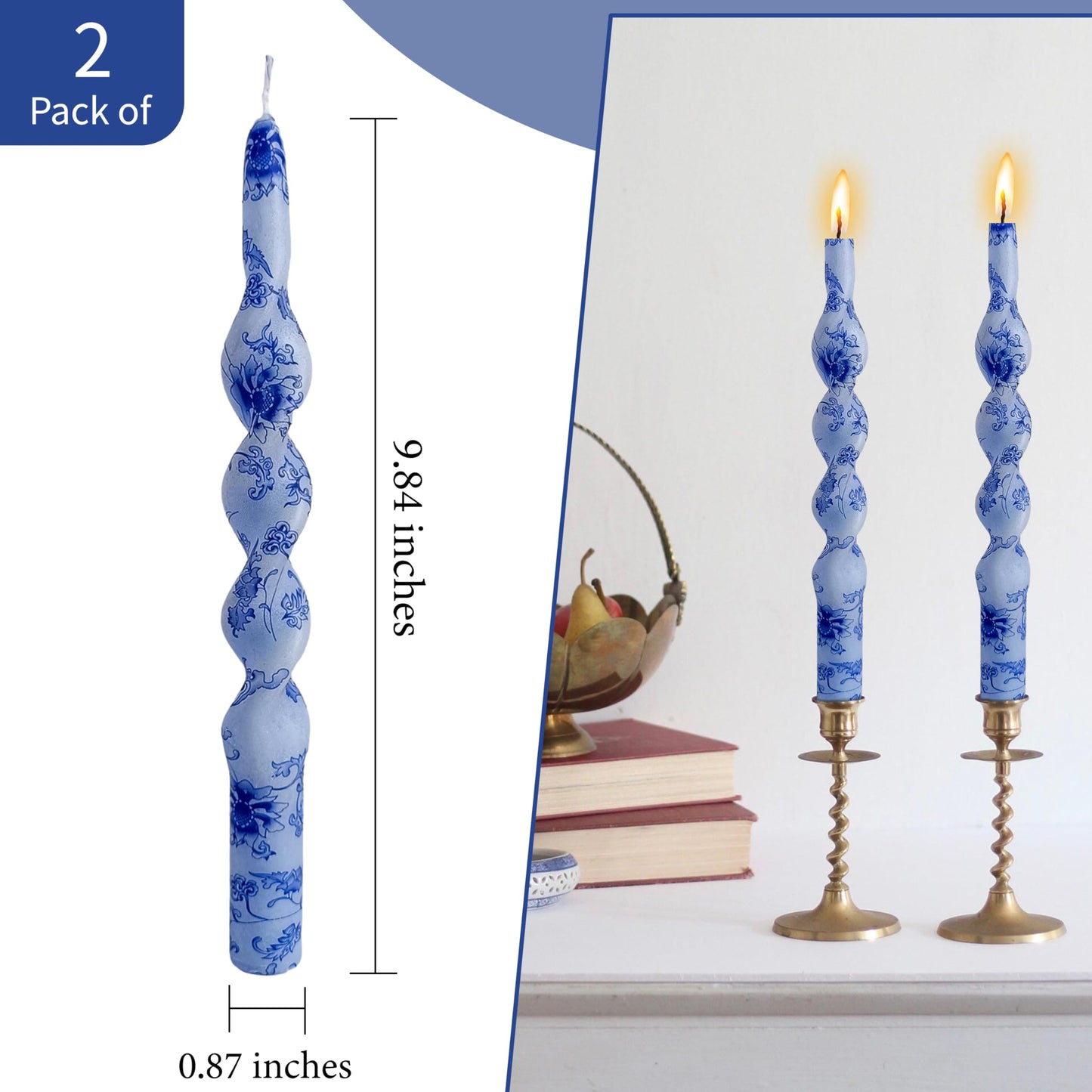 Flowers Printed Spiral Candles Unscented Blue Twisted Candlestick Smokeless Set of 2 Long Taper Candle 10 inch Twisted Candle Sticks Tapered Candles for Home Wedding Dinner Holiday Party