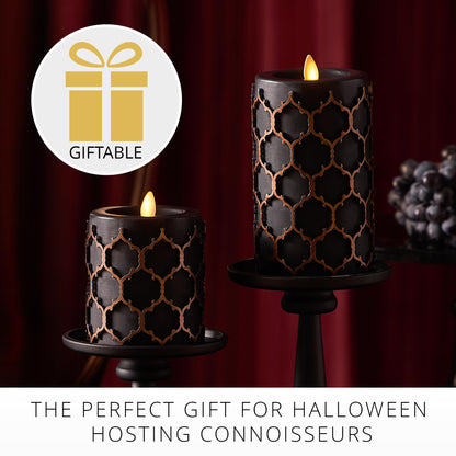 Luminara Black Embossed Fretwork 3.5" x 4.5" Pillar, AA Battery Operated w/Timer Function, Flickering Flameless LED Light Real Wax Candle for Indoor Home Decoration, for Dining Room Table Centerpiece